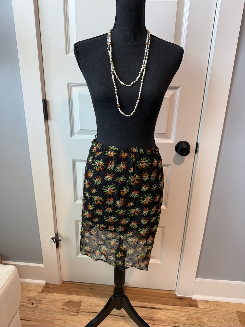 J. Crew Black Midi Skirt with Green and Orange Floral Print